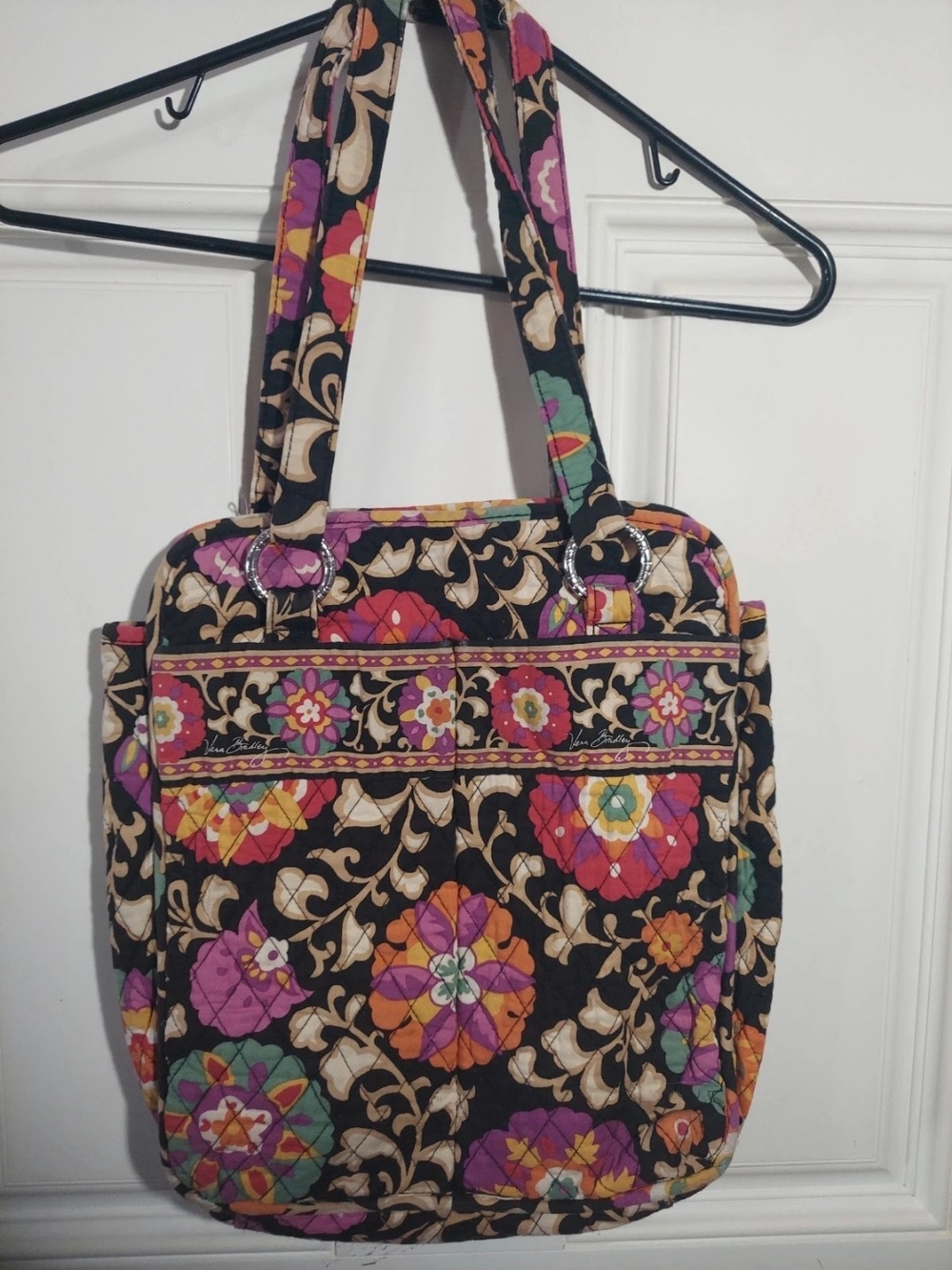 Vera Bradley Black Floral Quilted Shoulder Tote with Multicolor Medallions